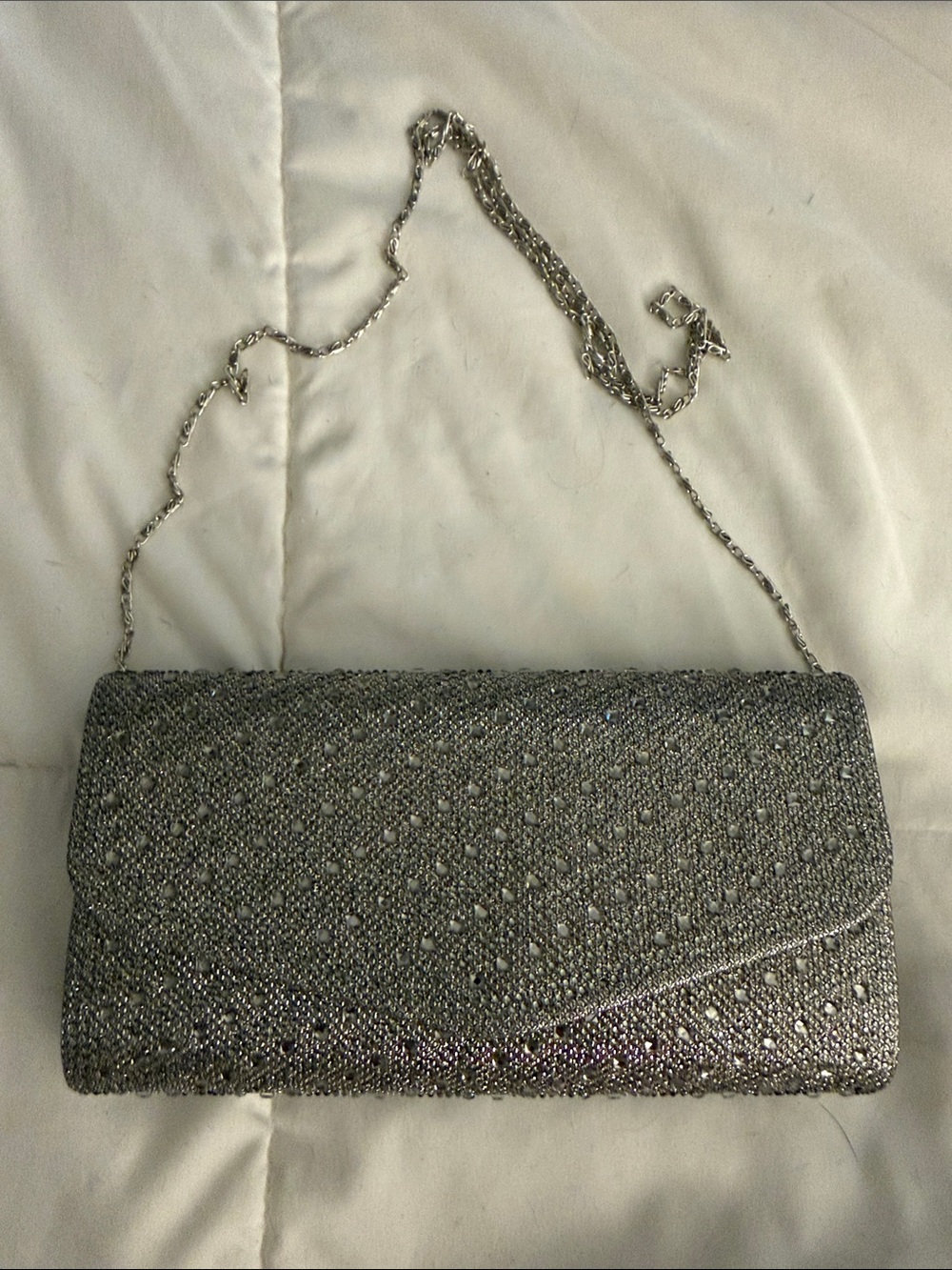 Silver Rhinestone Evening Clutch with Chain Strap